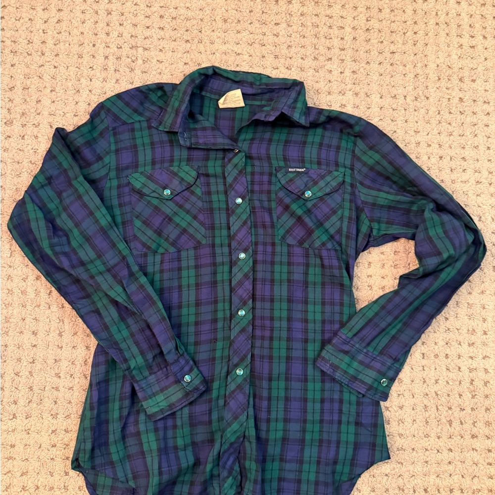Plaid Button-Up Blouse - Green and Blue